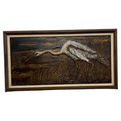 Mid 20th Century Vintage Art Original Oil Painting Egret Bird