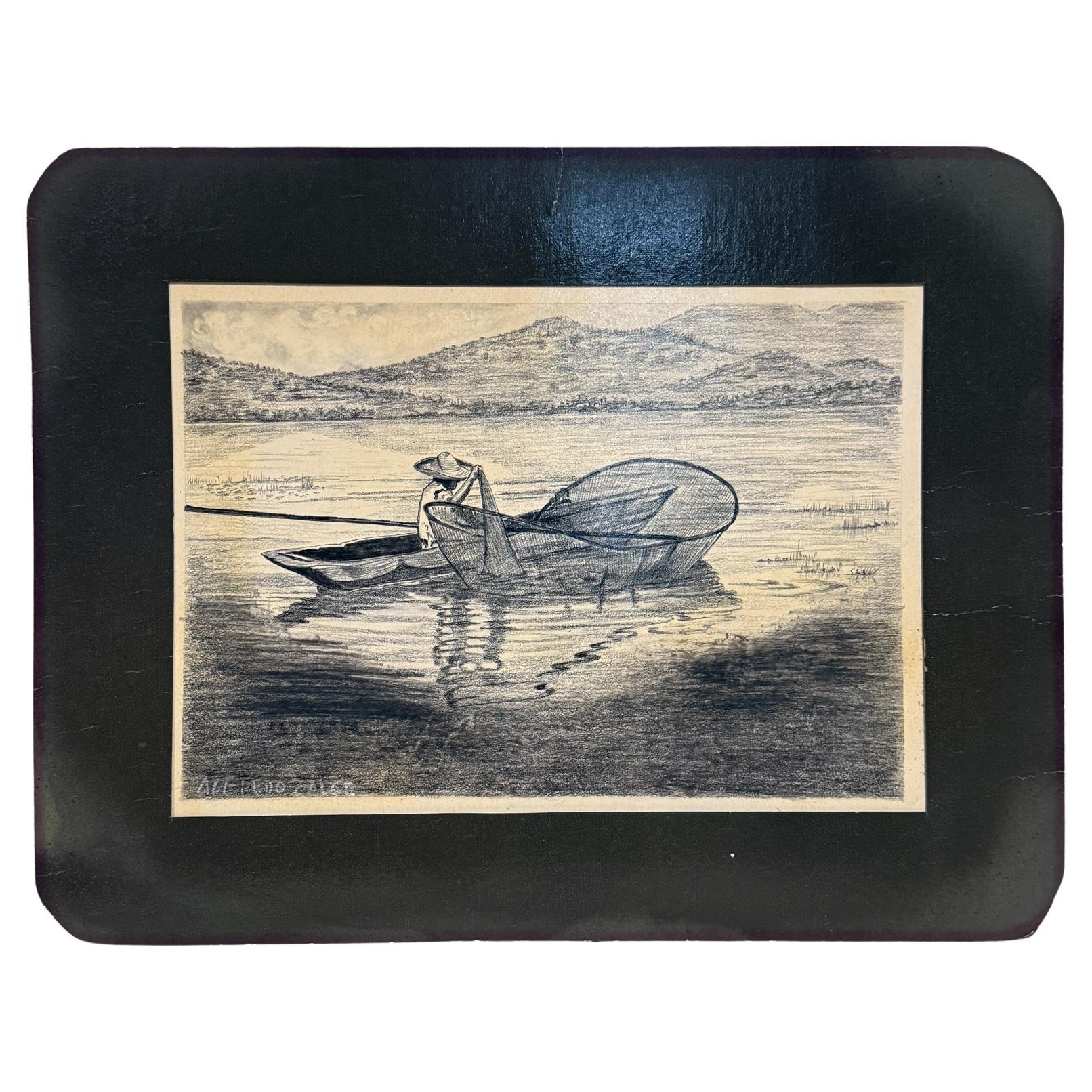 Original-Bleistift auf Papier, Fischer-Kunstwerk von Alfredo Zalce, Mexiko, 1940er Jahre im Angebot