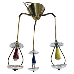 Vintage 1950s Italian Three Pendant Colorful Chandelier Brass and Art Glass Italy