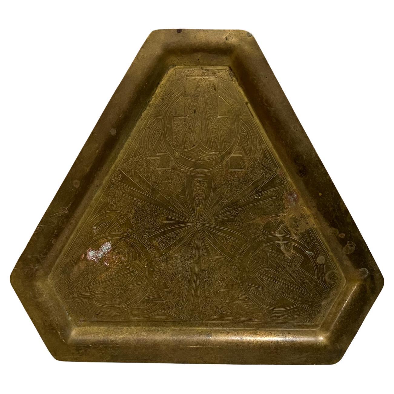1970s Vintage Brass Triangular Serving Tray Modern Hammered Design