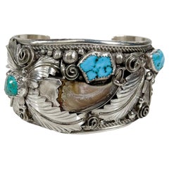 Vintage 1970s Gary Edwards Native American Navajo Sterling Silver Stone Bracelet Cuff