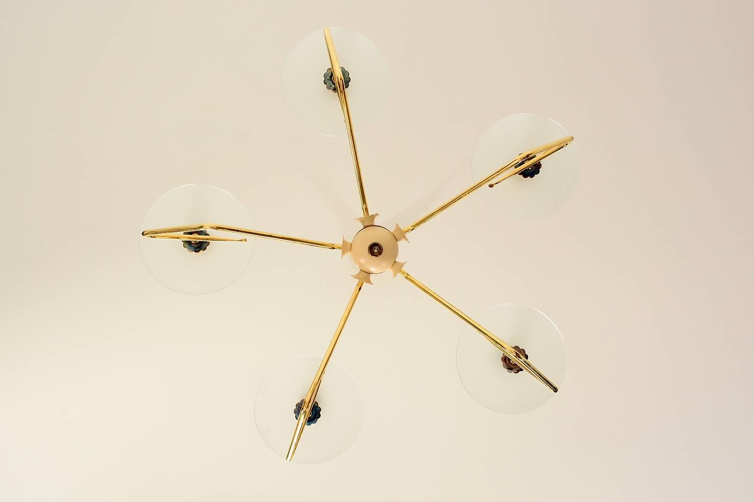 Mid-Century Modern Mid Century Italian Modern Five-Arm Italian Chandelier Brass and Glass