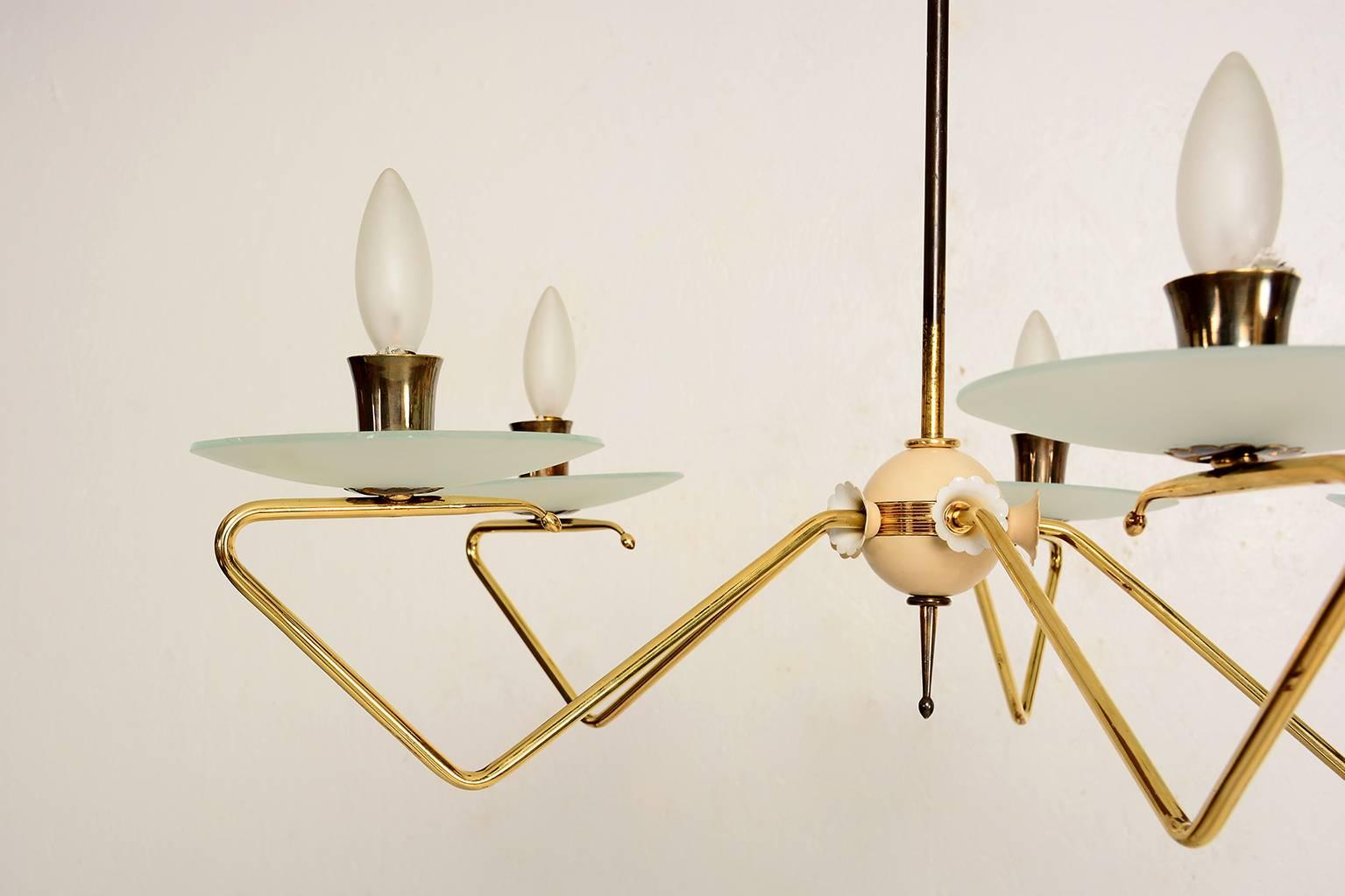 Mid Century Italian Modern Five-Arm Italian Chandelier Brass and Glass In Excellent Condition In Chula Vista, CA