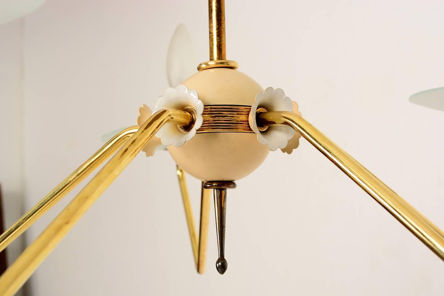 Mid Century Italian Modern Five-Arm Italian Chandelier Brass and Glass 1