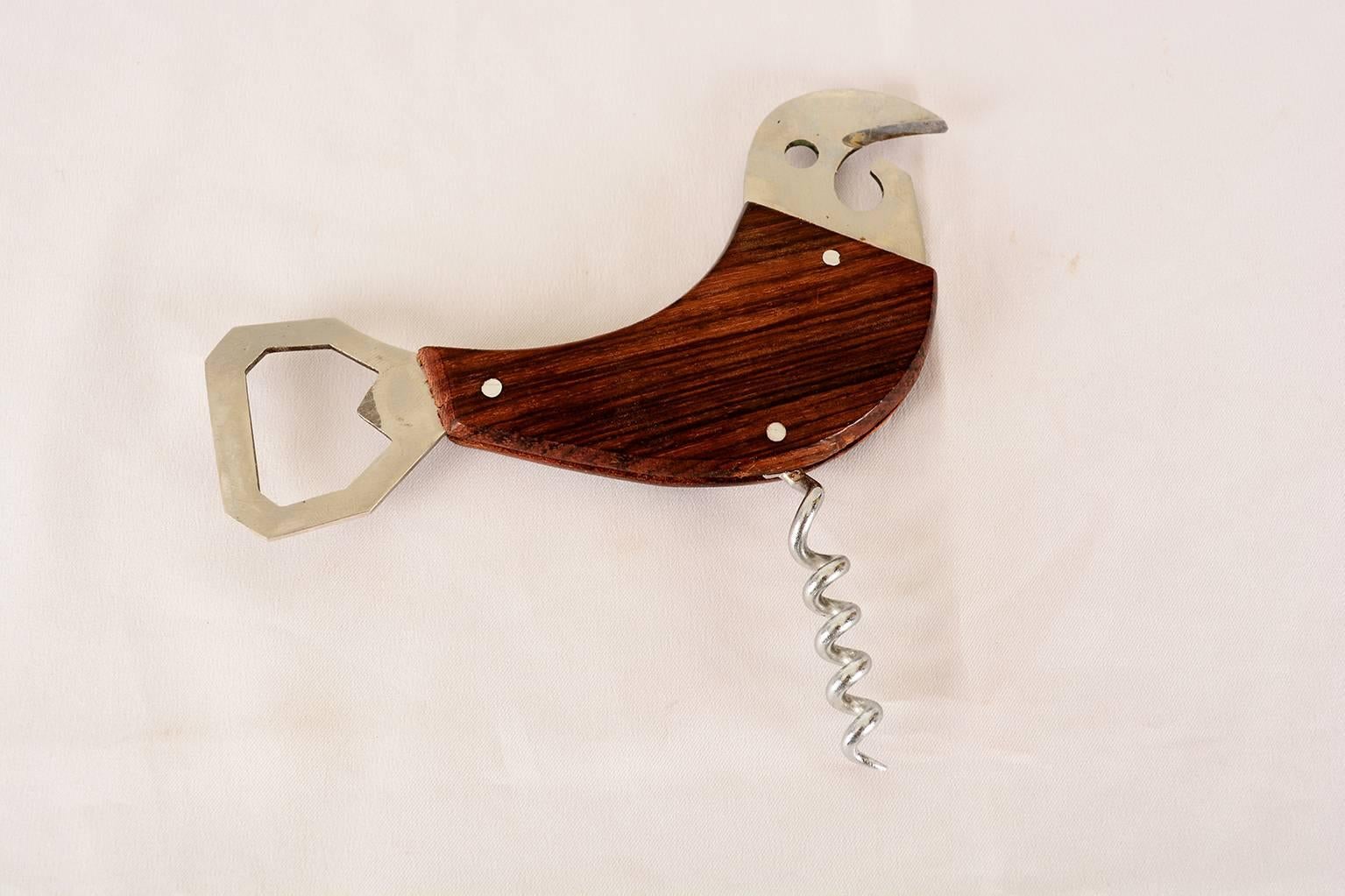 Bird Bottle Opener in Stainless Steel and Rosewood, 1960s In Good Condition In Chula Vista, CA