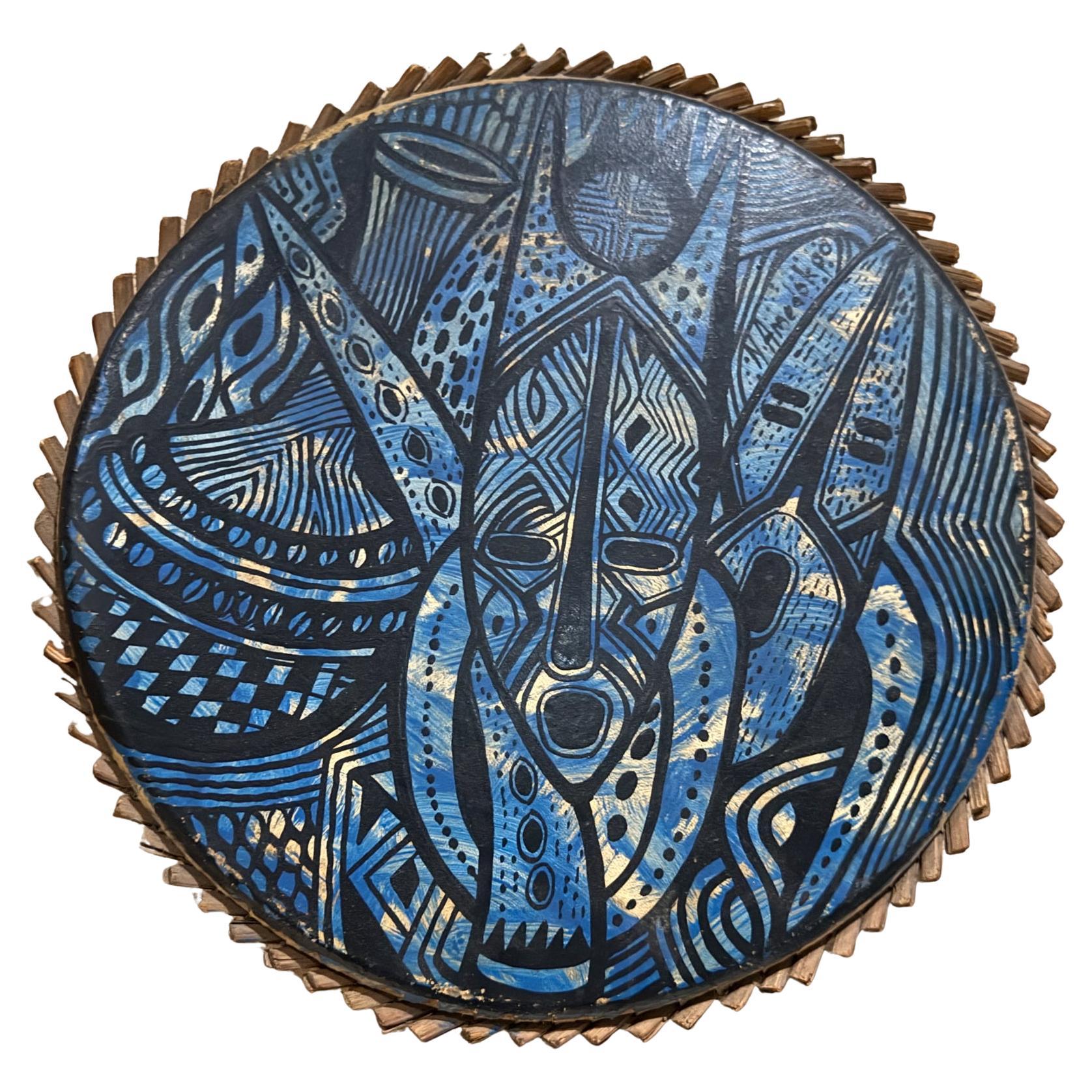 Moderne Keramikkunst der 1970er Jahre Blaues Tambourine Ziegenleder und Holz im Angebot