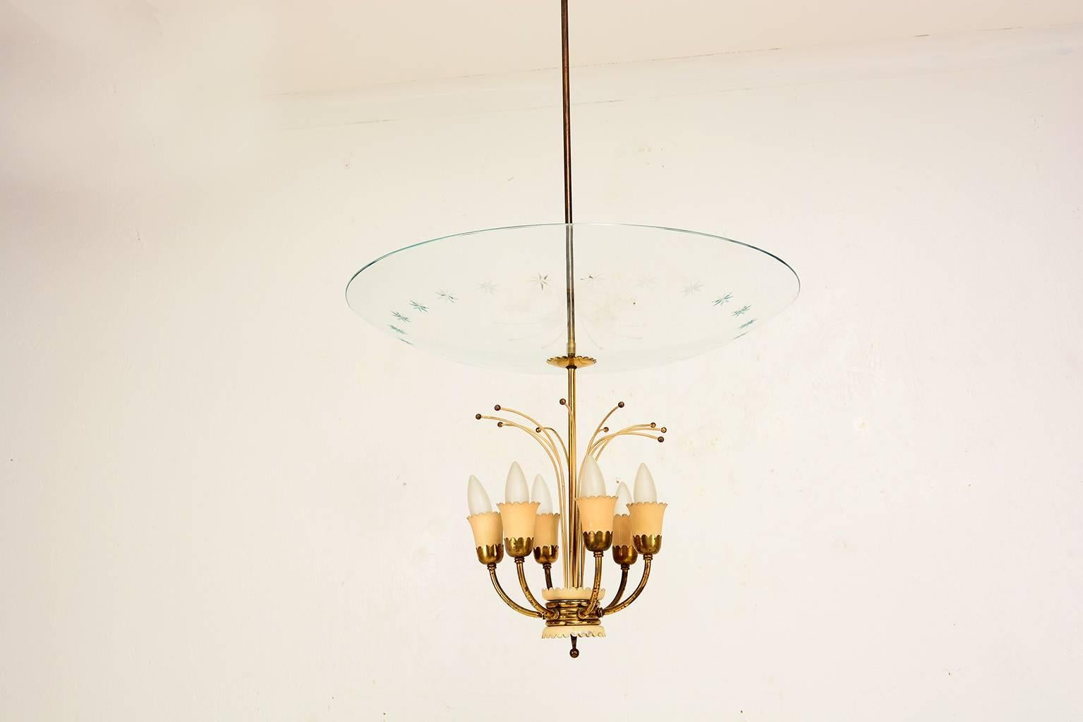 Italian Chandelier After Fontana Arte In Excellent Condition In Chula Vista, CA