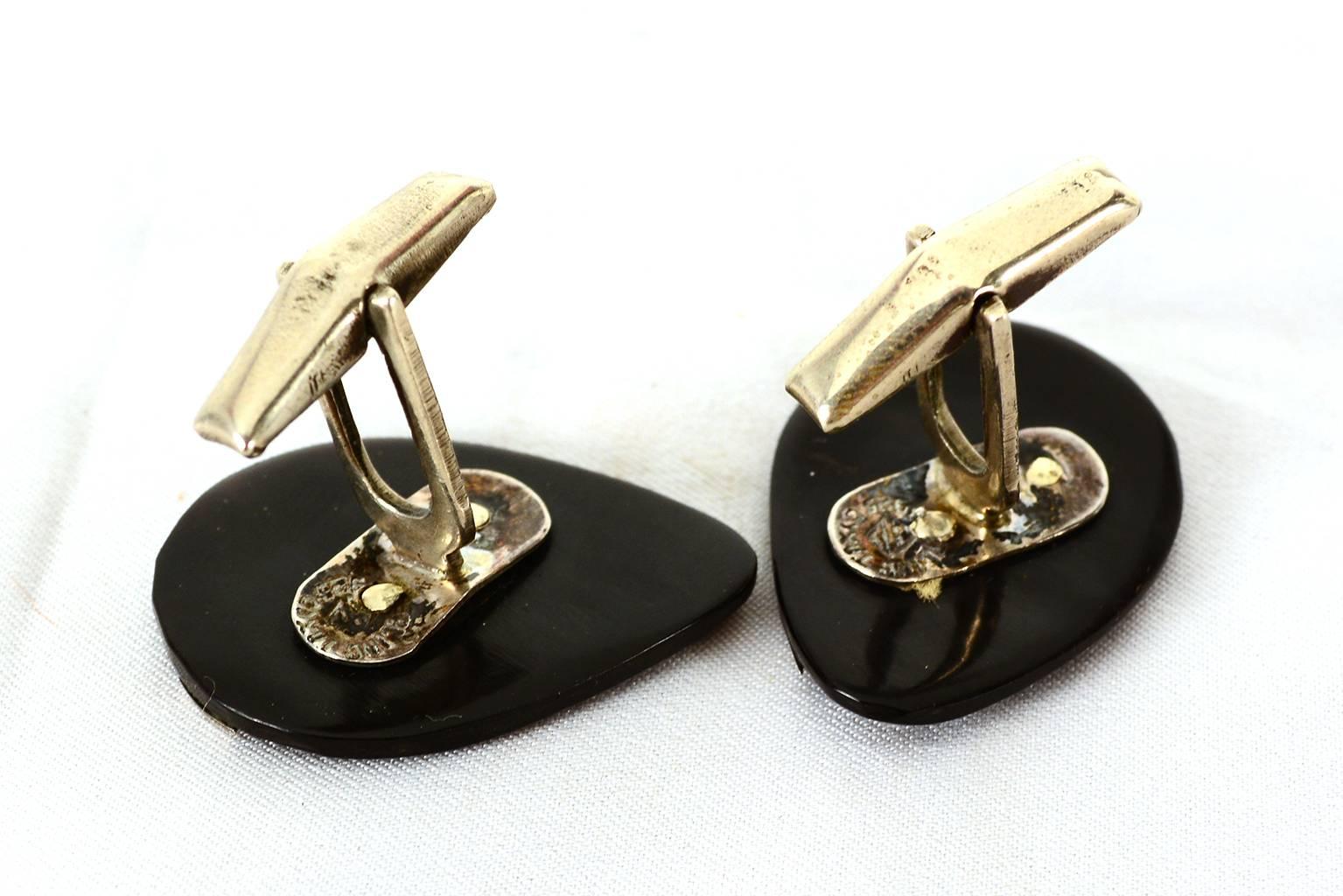 Mid-Century Modern Mexican Modernist Cufflinks Silver and Onyx Taxco Sterling