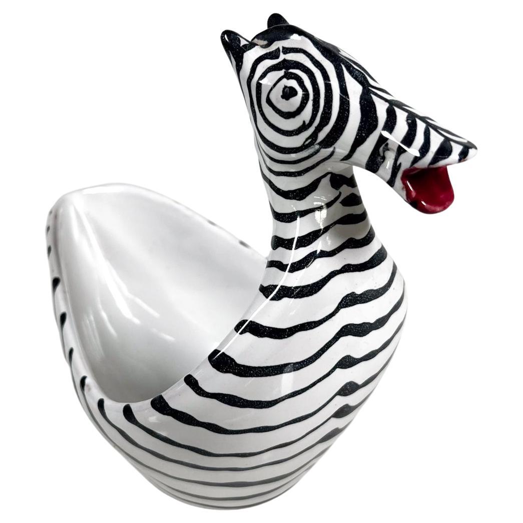 1960s Figural Zebra Bowl Animal Art Pottery by Aldo Londi Bitossi Italy