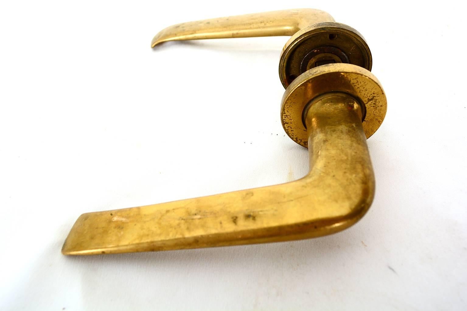 Patinated Pair of Italian Door Handles in Solid Brass