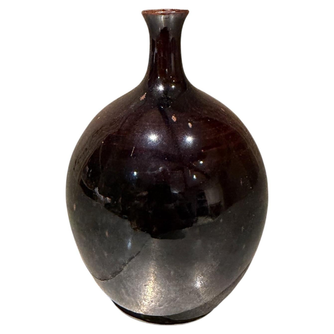 Mid-Century Modern Japanese Bud Vase Dark Brown Glaze Pottery Mingei Tenmoku