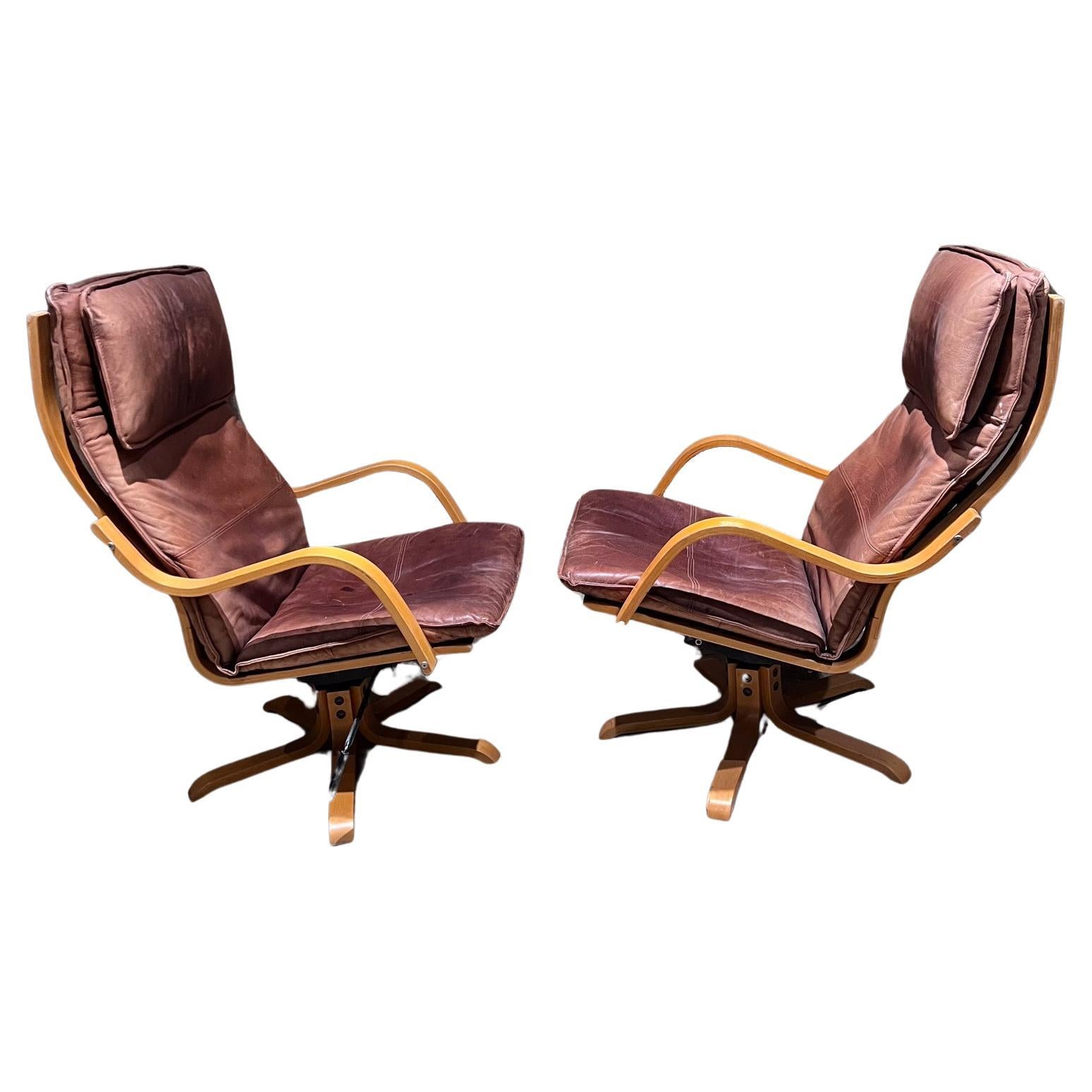 1960s Italian Swiss Leather Tall Padded Lounge Chairs For Sale