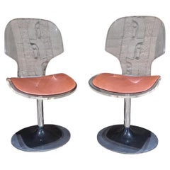 1980s Pair of Lucite and Chrome Swivel Dining Chairs Post modern