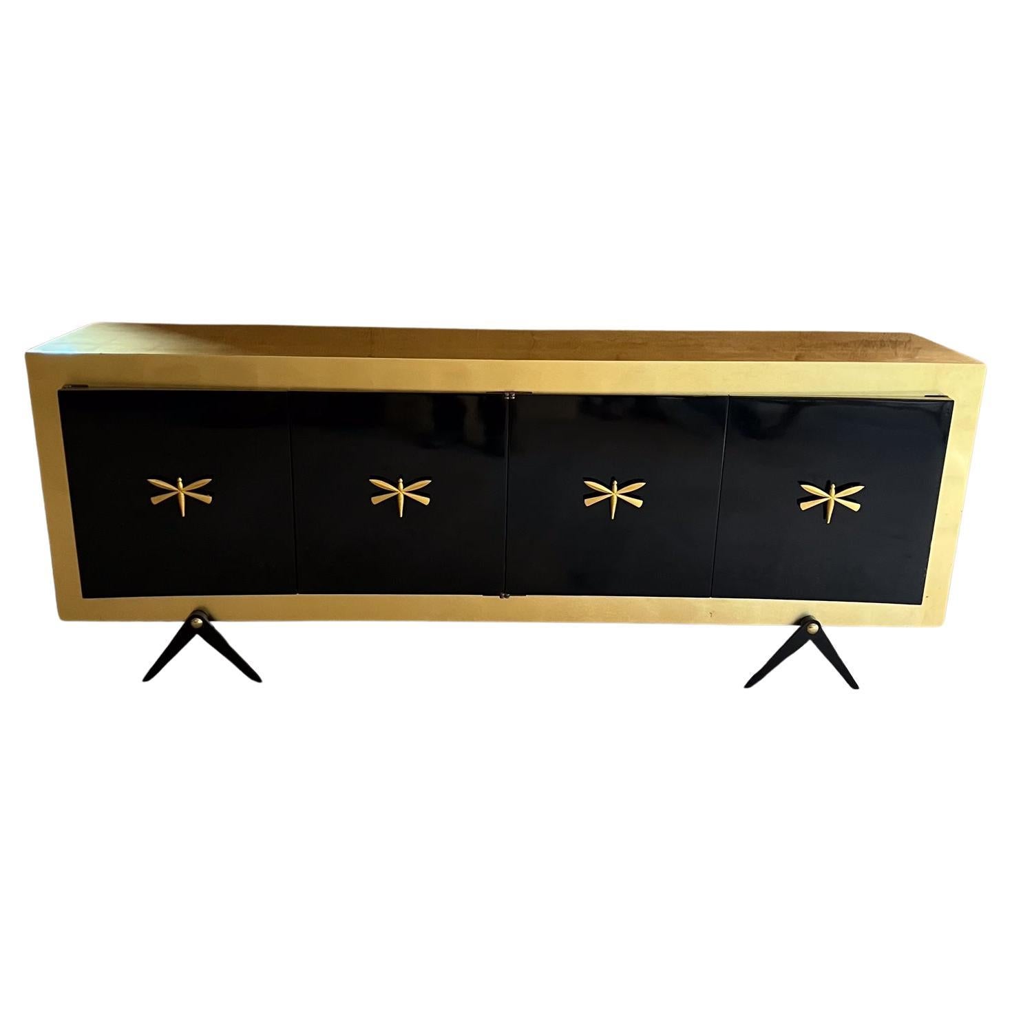 1950s Arturo Pani Black Dragonfly Credenza with Gold Leaf For Sale