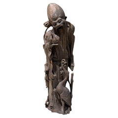 Antique Chinese Hand-Carved Wood Sculpture of Shou Xing, Longevity God
