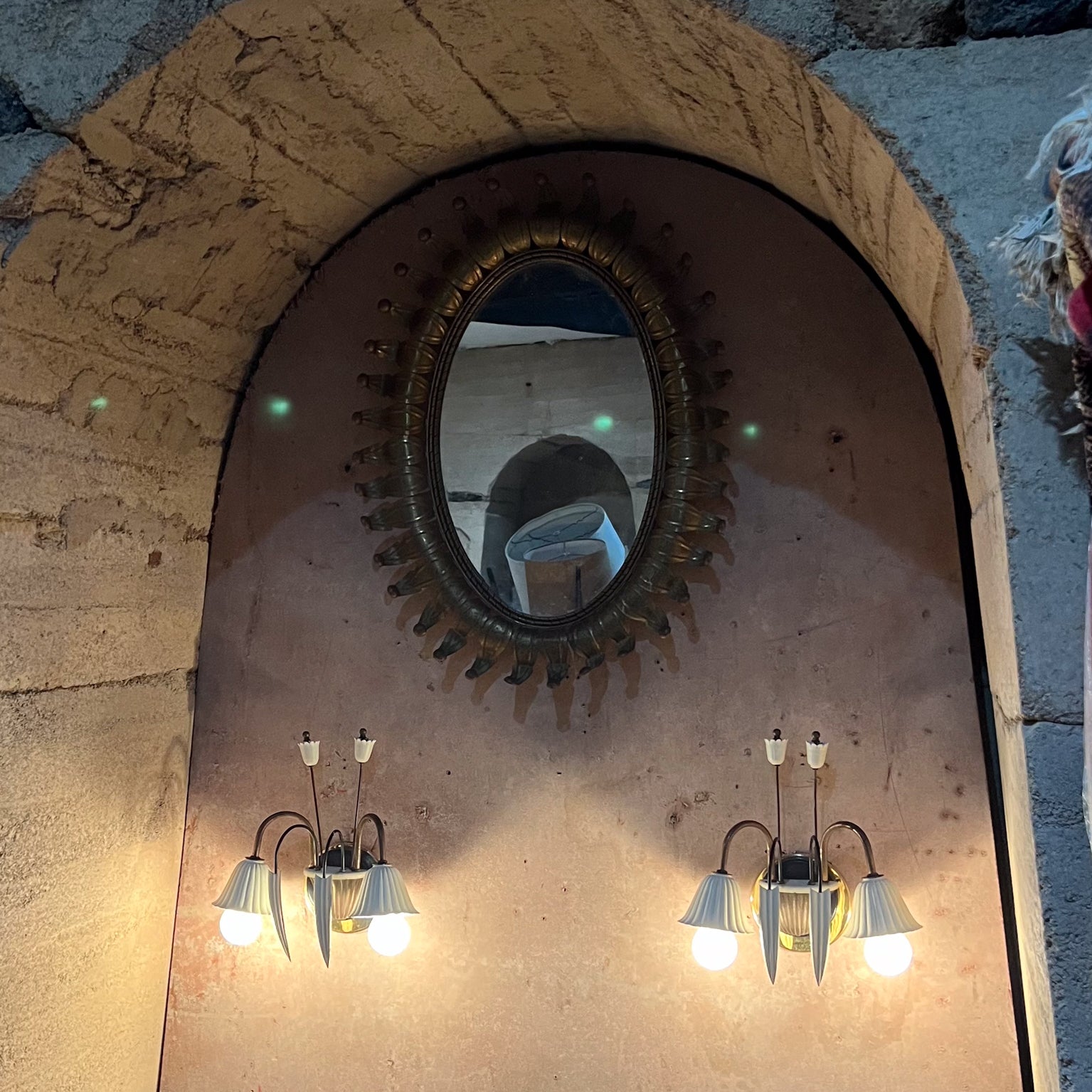 1950s Italian Wall Sconces White Flower Patinated Brass