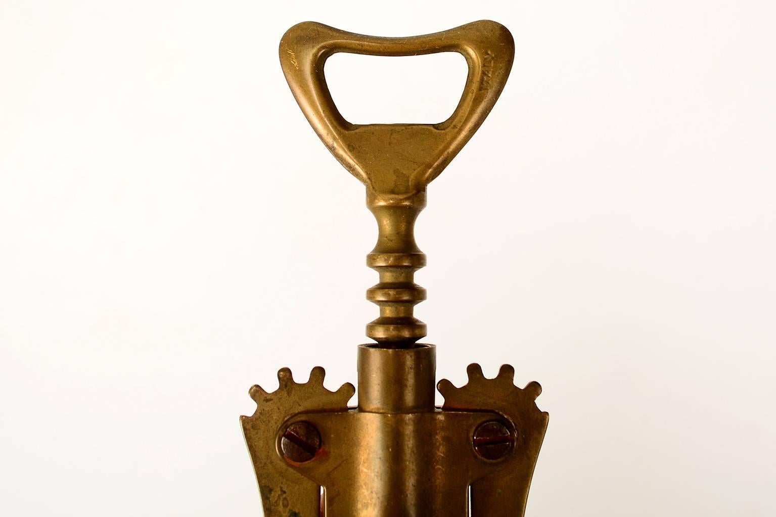 Italian Midcentury Solid Brass Corkscrew Bottle Opener, 1960s