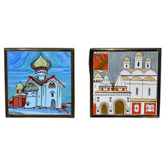 USSR Vintage Hand Painted Framed Tiles Russian Cathedral