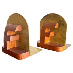 Midcentury Sculptural Bookends Brass and Wood