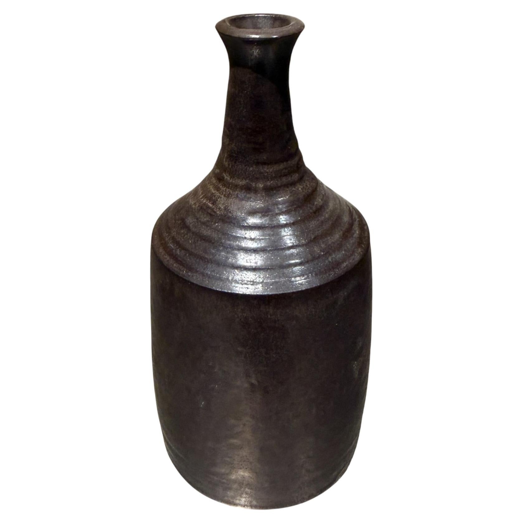Scandinavian Modern Pottery Vase, Dark Brown, 1960s, 6.75" Tall For Sale