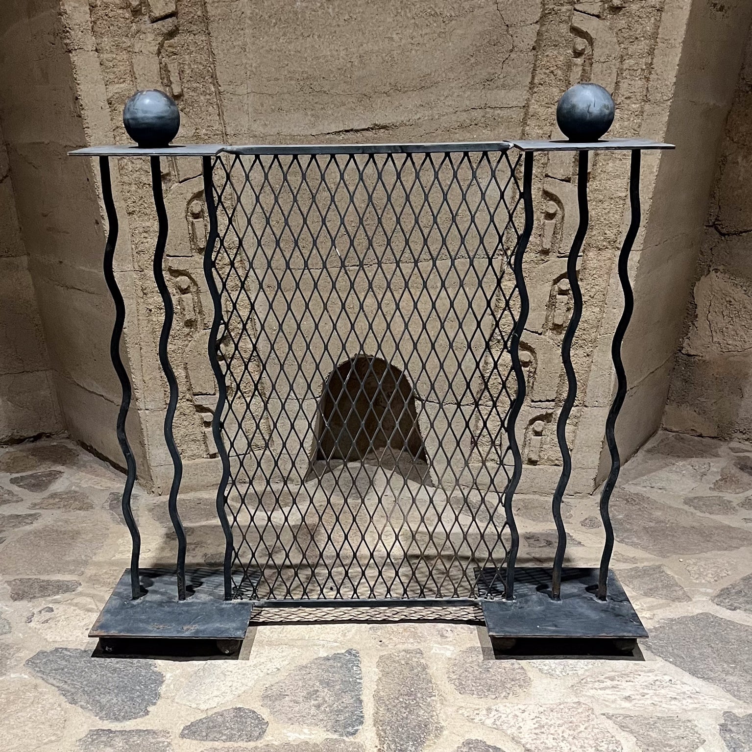 1980s Memphis Milano Squiggle Fireplace Screen Hand Forged Iron