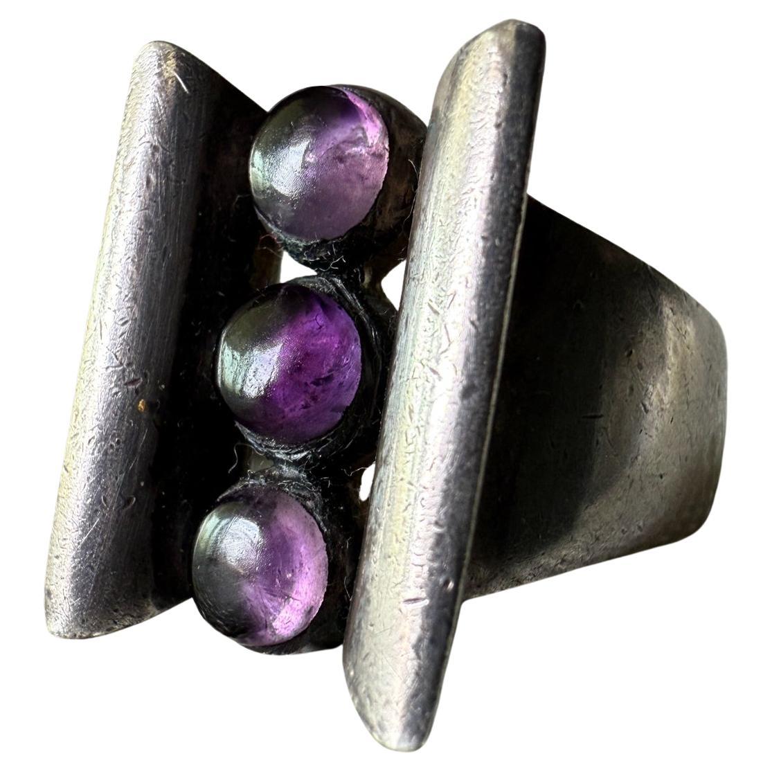 1960s Antonio Pineda Modernist Ring Amethyst Sterling Silver 7.75