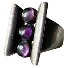 Bague moderniste Antonio Pineda des années 1960 Améthyste argent sterling Mexique