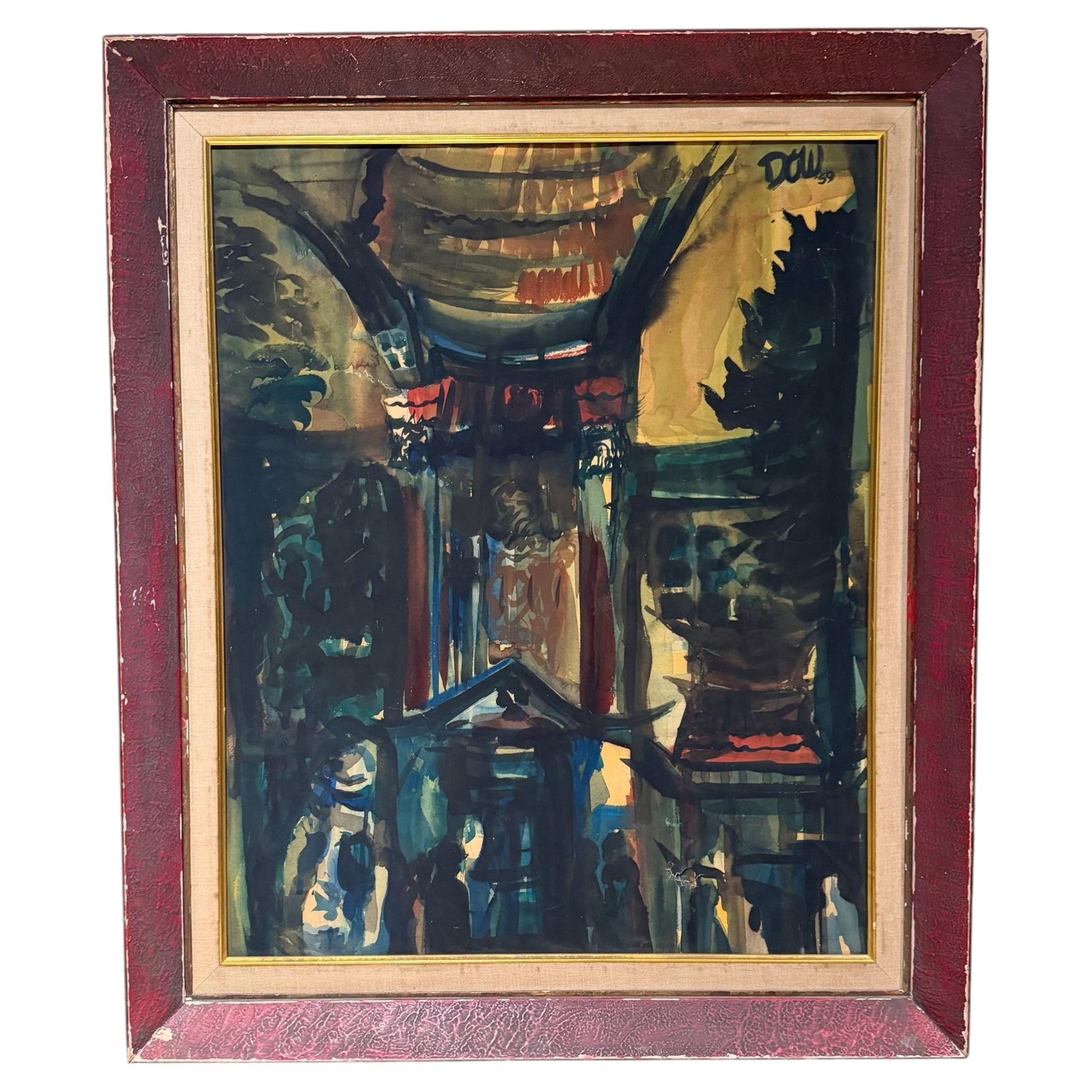 1950s Watercolor Painting, Abstract Architectural Landscape, Signed For Sale