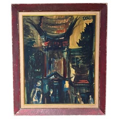 1950s Watercolor Painting, Abstract Architectural Landscape, Signed