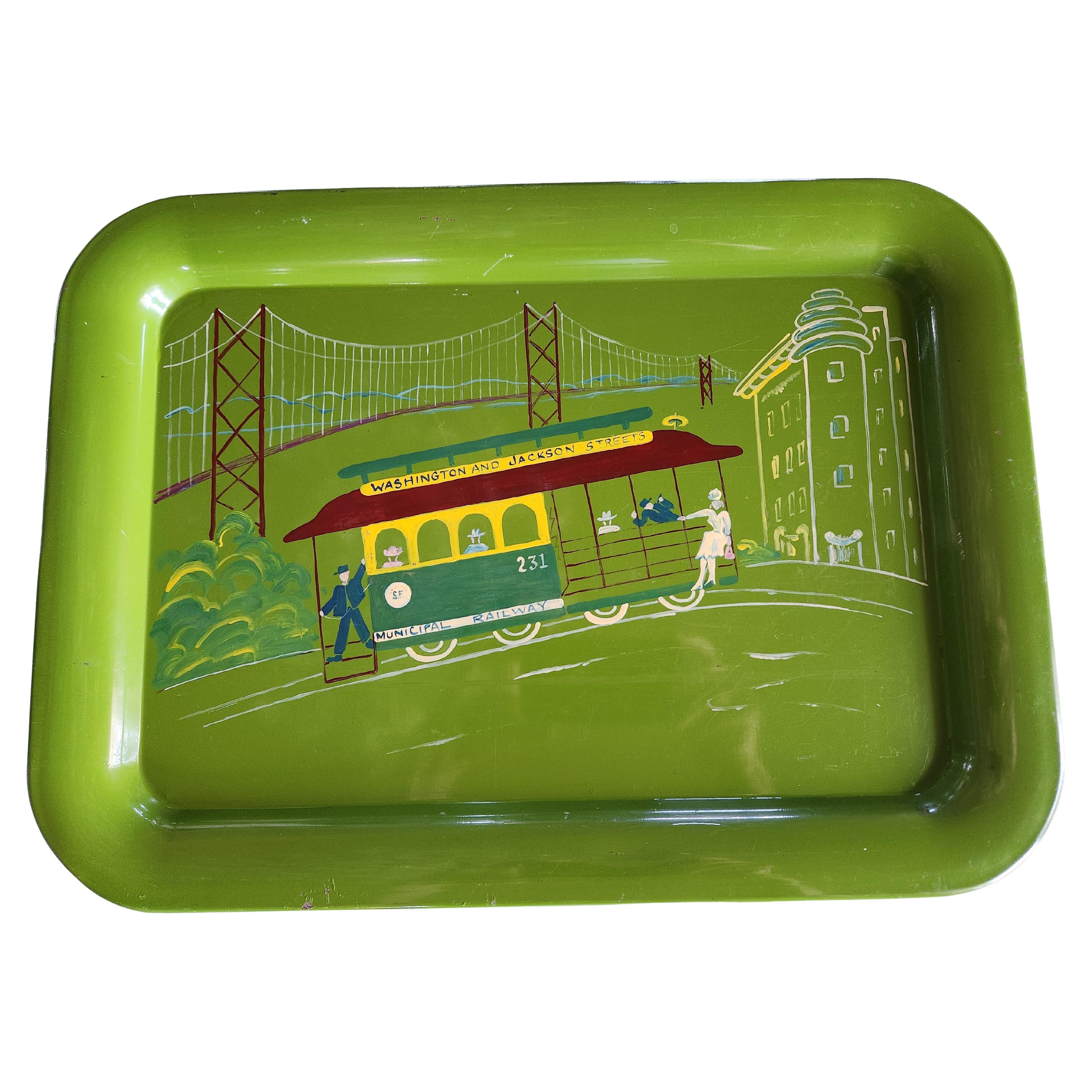 1950er Jahre Handbemaltes grünes Serviertablett San Francisco Cable Car Railway im Angebot