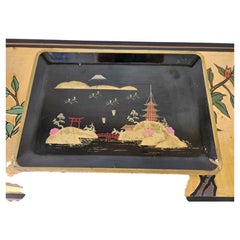 1950s Chinoiserie Japanese Black Lacquer Wood Serving Tray Hand Painted Pagoda