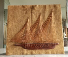 1970s Copper Wire String Art Wood Clipper Ship on Burlap