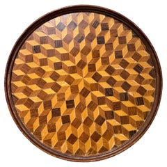 Plateau de service rond ancien ou plateau de table en bois à motif géométrique en marqueterie