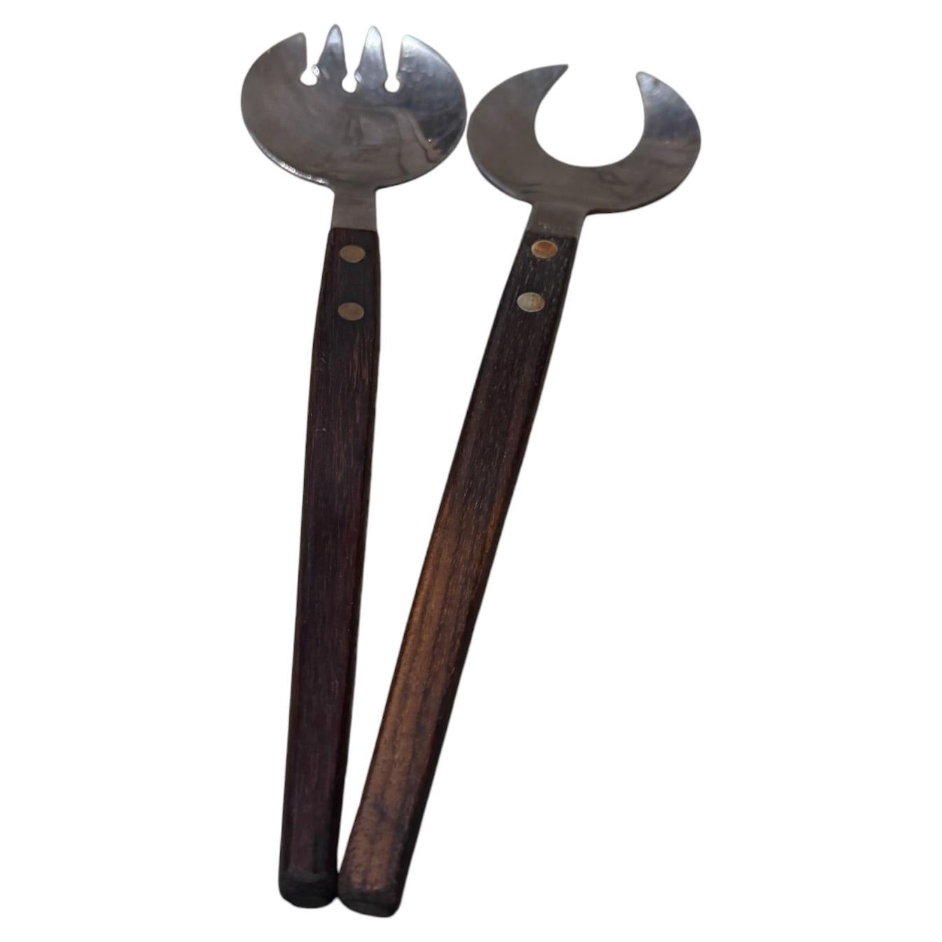 Vintage Mid-Century Modern Salad Server Spoons Stainless Wood Japan For Sale