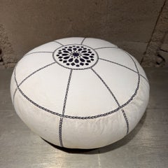 Vintage Modern White Moroccan Fabric Pouf Geometric Medallion