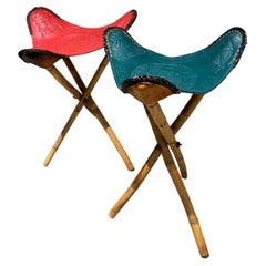 Pair of Vintage Mexican Hand-Tooled Leather Tripod Folding Stools MCM