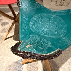 Pair of Vintage Mexican Hand-Tooled Leather Tripod Folding Stools MCM