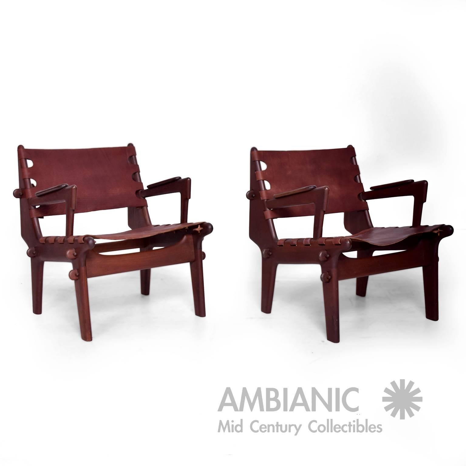 Leather Mid Century Modern Pair of Safari Chairs by Angel Pazmino