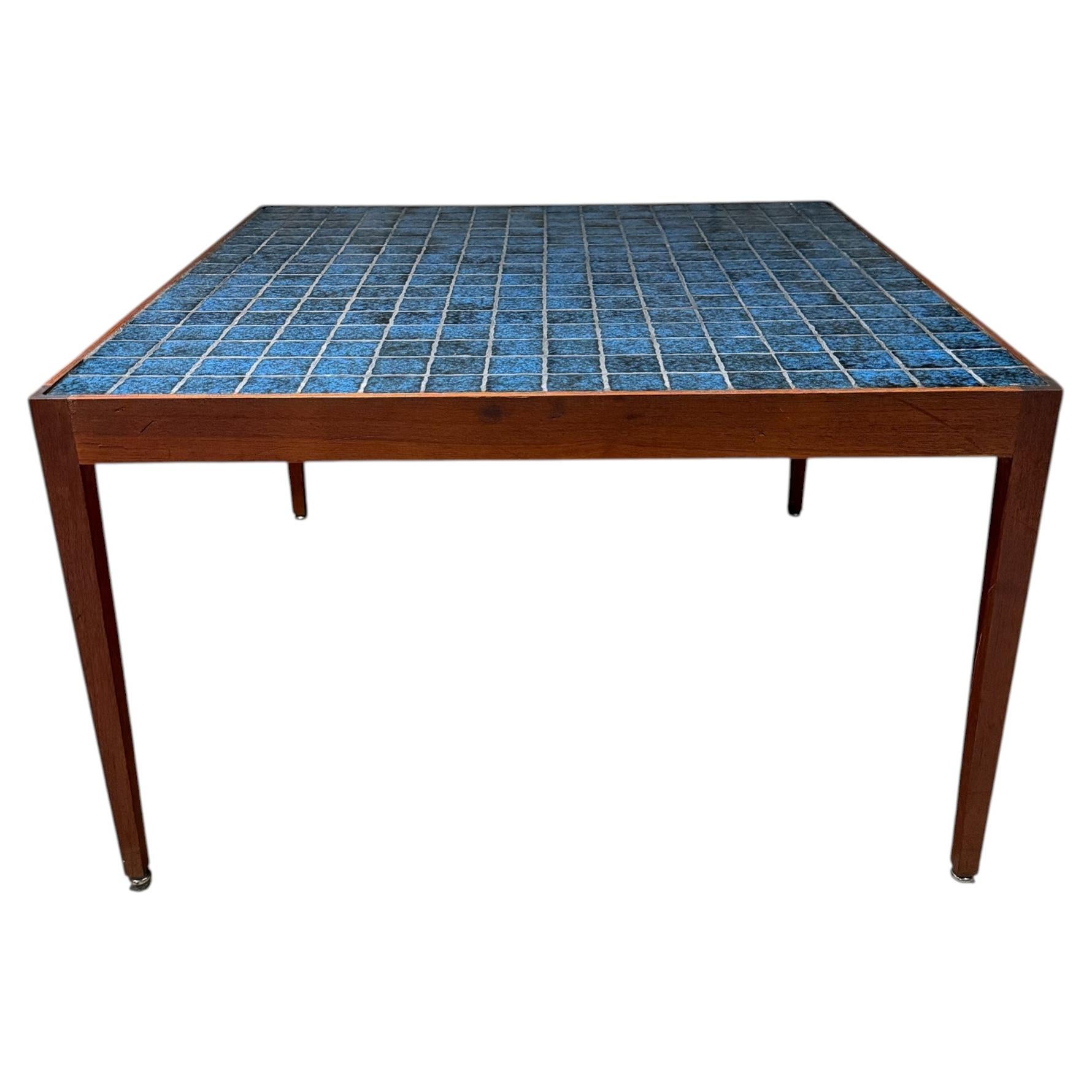 mid-century modern Danish coffee table Walnut & Blue tile top For Sale