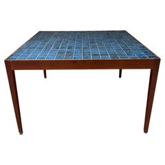 mid-century modern Danish coffee table Walnut & Blue tile top