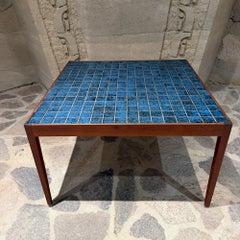 mid-century modern Danish coffee table Walnut & Blue tile top
