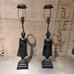 Antique Thai Khmer-Style Bronze Standing Buddha Table Lamps Hollywood Regency