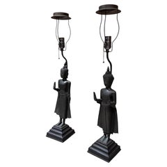 Antique Thai Khmer-Style Bronze Standing Buddha Table Lamps Hollywood Regency