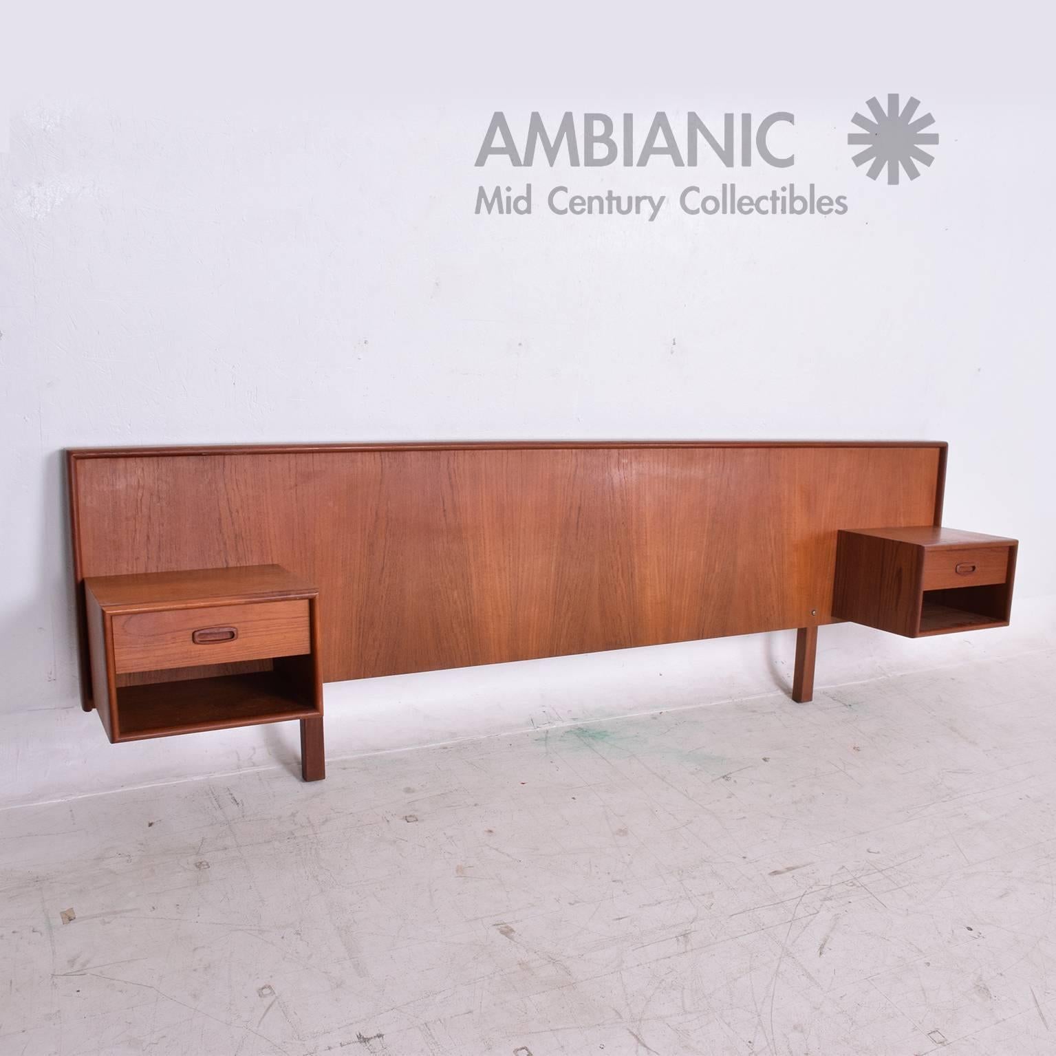 For your consideration a vintage headboard made in Denmark. 

Includes sculptural floating nightstands.

Dimensions: 30 1/2" tall x 97" L.
Will fit a queen size mattress, clearance 64". 

