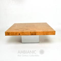 Milo Baughman Coffee Table, Burl Wood and Chrome Base