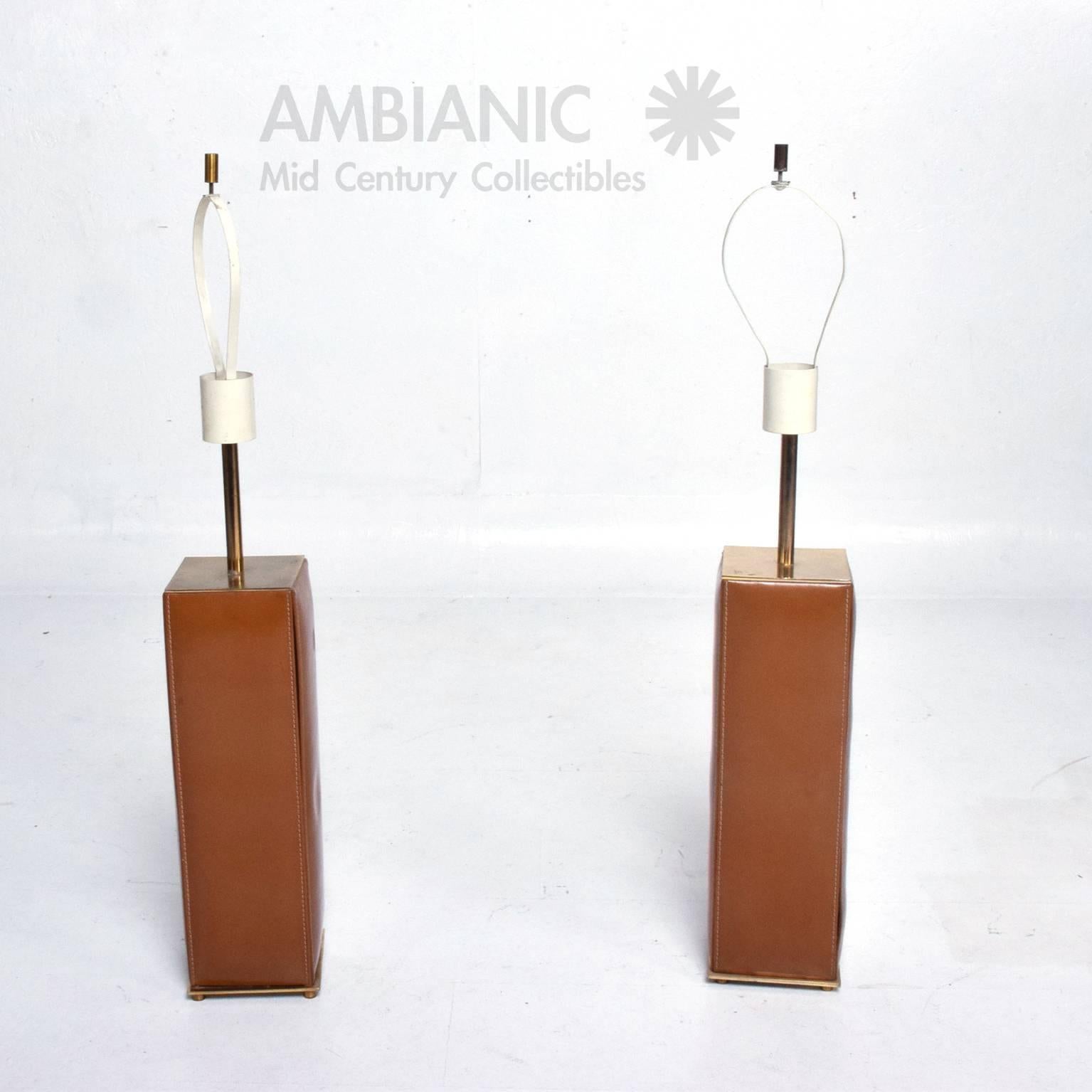 Unknown Pair of Leather and Brass Table Lamps, Mid-Century Period