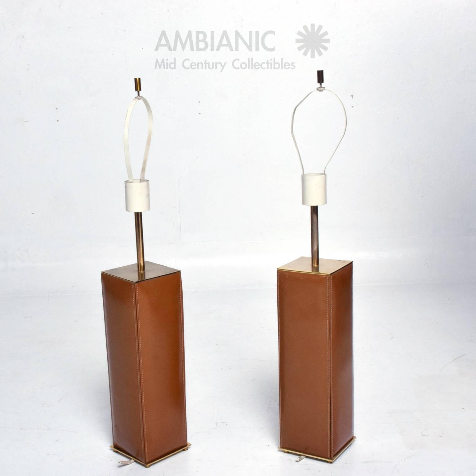 Mid-Century Modern Pair of Leather and Brass Table Lamps, Mid-Century Period