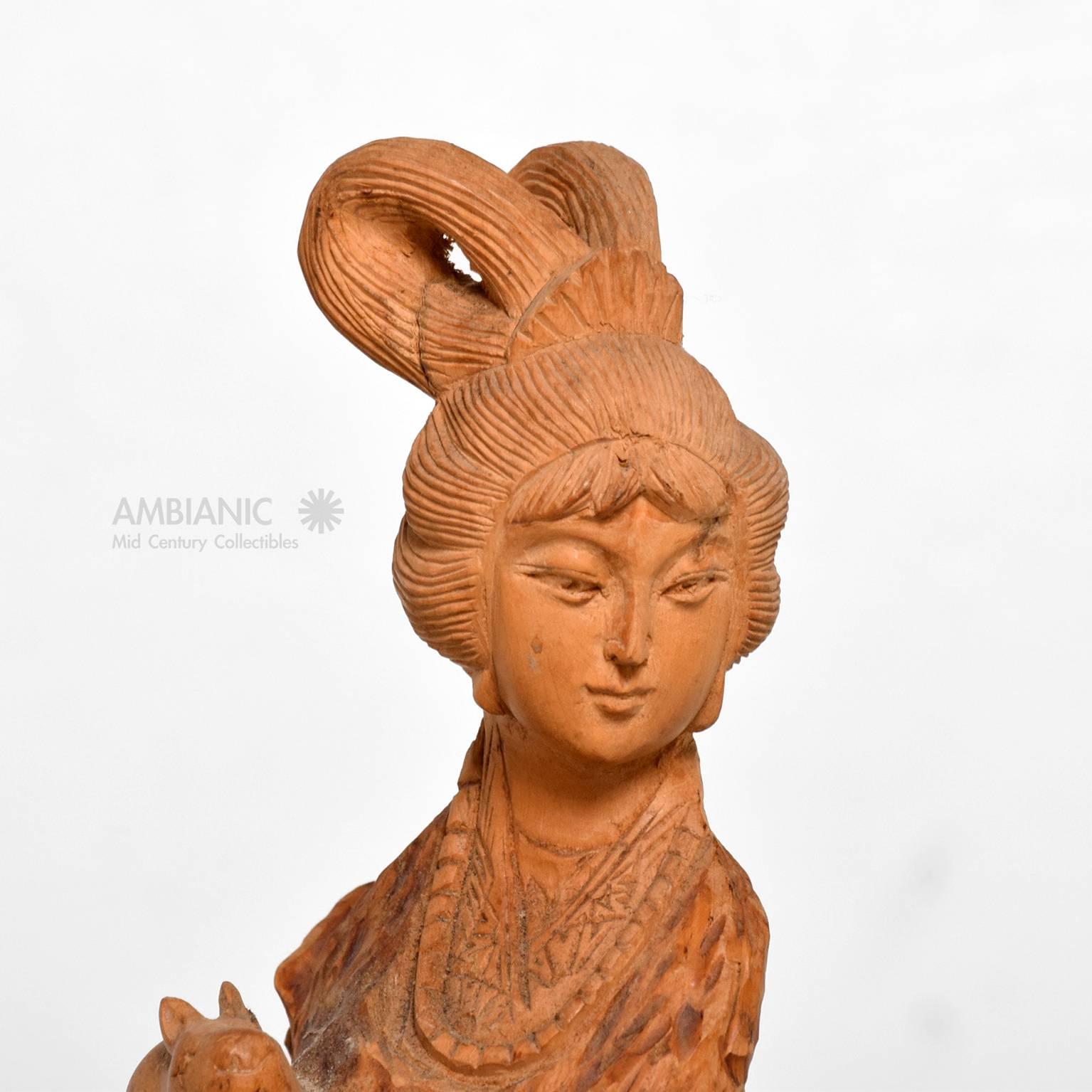 Fine Chinese Antique Hand-Carved Wood Sculpture of Woman Rabbit Ming In Good Condition In Chula Vista, CA