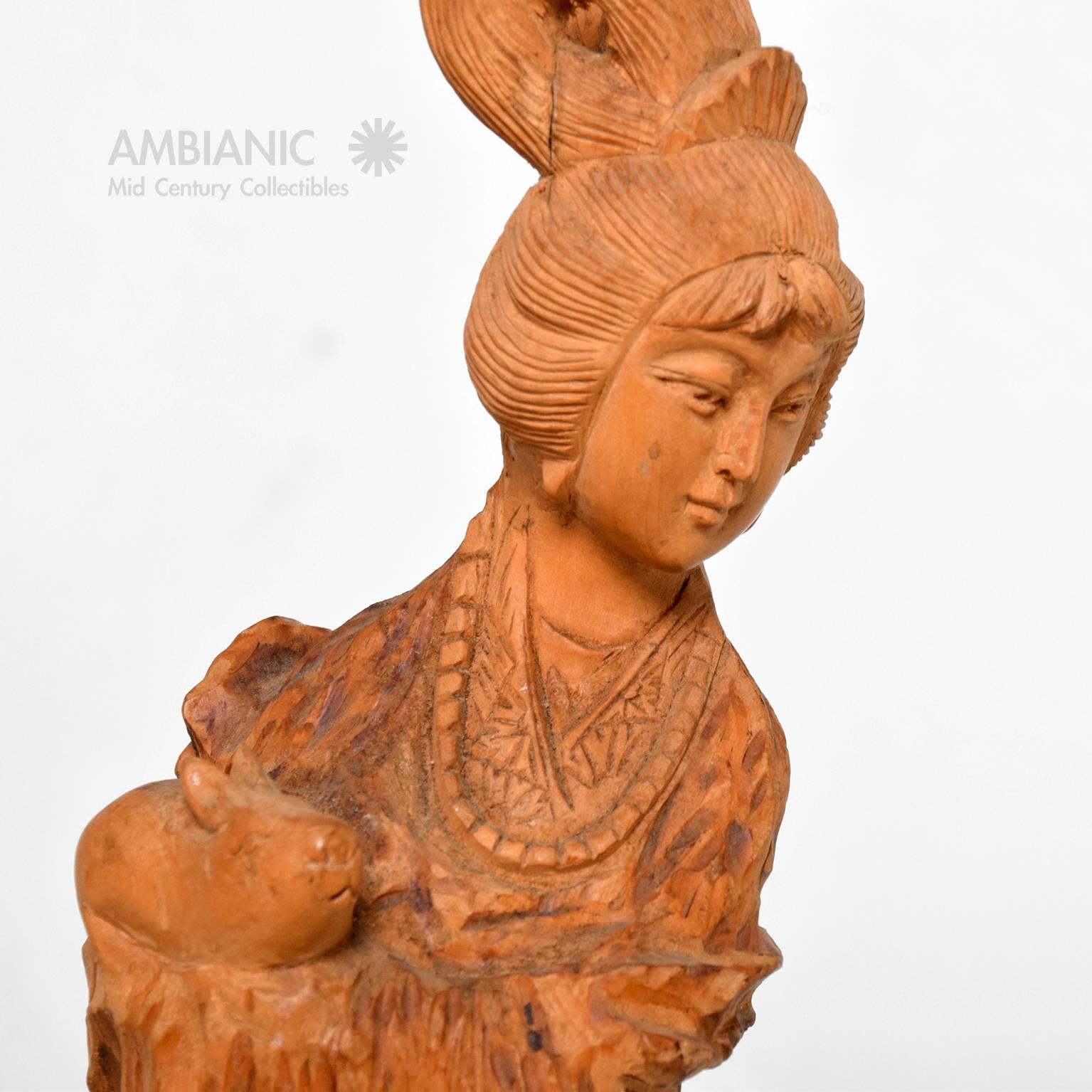 Fine Chinese Antique Hand-Carved Wood Sculpture of Woman Rabbit Ming 1