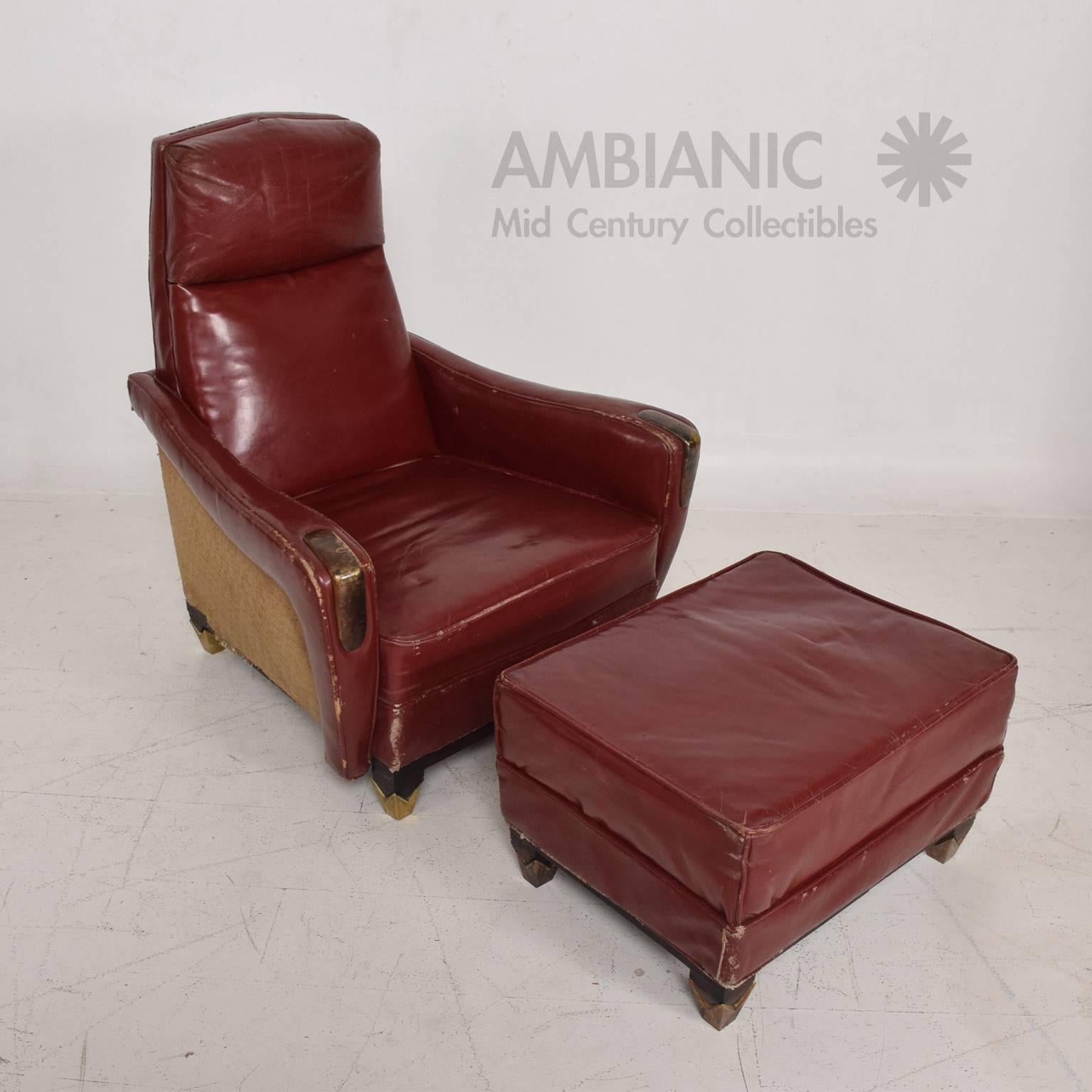 For your consideration, a tall back Mexican Modernist club chair and ottoman red leather and brass. Attributed to Arturo Pani, Mexico, circa 1950s. Original vintage condition. Leather has sings of vintage wear. Brass has patina. Wood has patina and